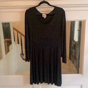 90s VINTAGE Black Lurex Babydoll Mini Dress Size Large/10 Long Sleeve Glitter